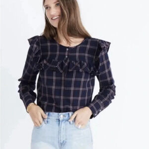 Madewell Plaid Ruffle-Yoke Long Sleeve button up Blouse Small
